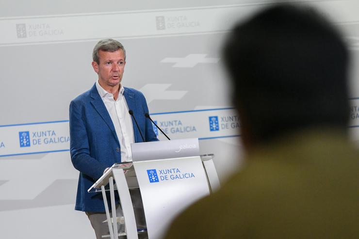 O presidente da Xunta, Alfonso Rueda, na comparecencia de prensa en San Caetano.. XUNTA 