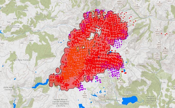 Incendio en Pena Trevinca, desde o visor Copernicus, a 18 de agosto de 2025.. COPERNICUS
