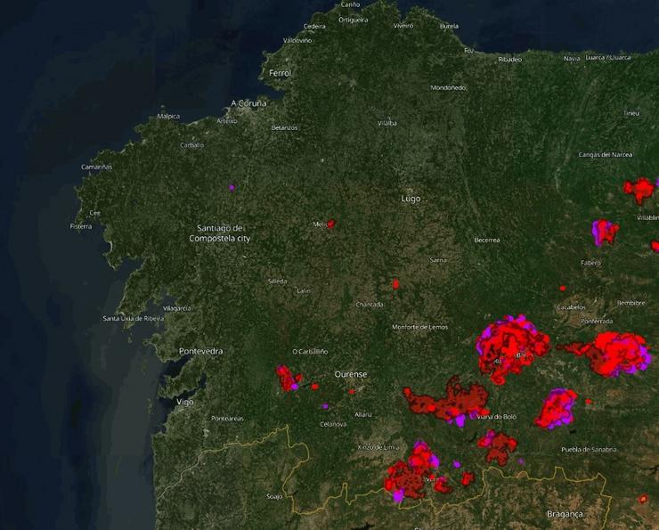 Mapa de incendios forestais rexistrados en Galicia, segundo o sistema de información europeo Copernicus, a 18 de agosto de 2025.. EFFIS-COPERNICUS