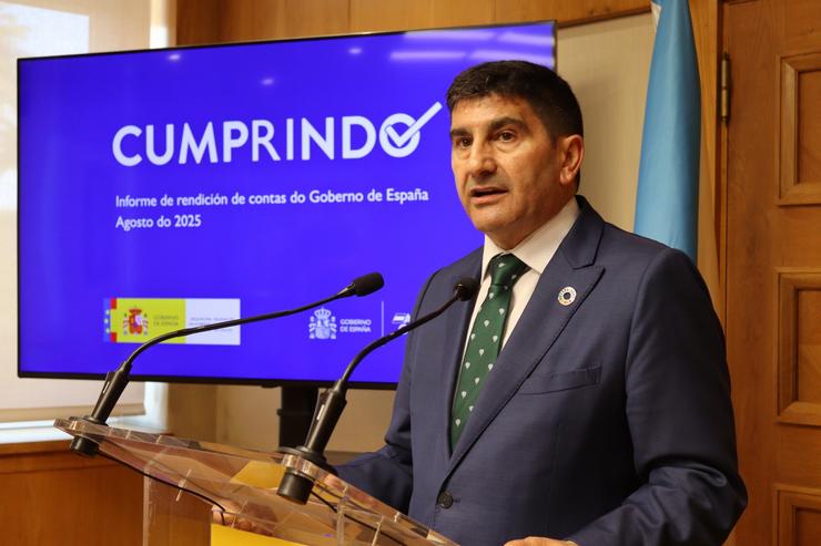 O delegado do Goberno en Galicia, Pedro Branco, na presentación dos datos do informe de rendición de contas, a 1 de agosto de 2025.. DELEGACIÓN DO GOBERNO 