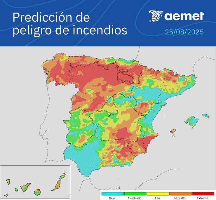 Mapa de risco de incendios da Aemet a 25 de agosto.. AEMET 