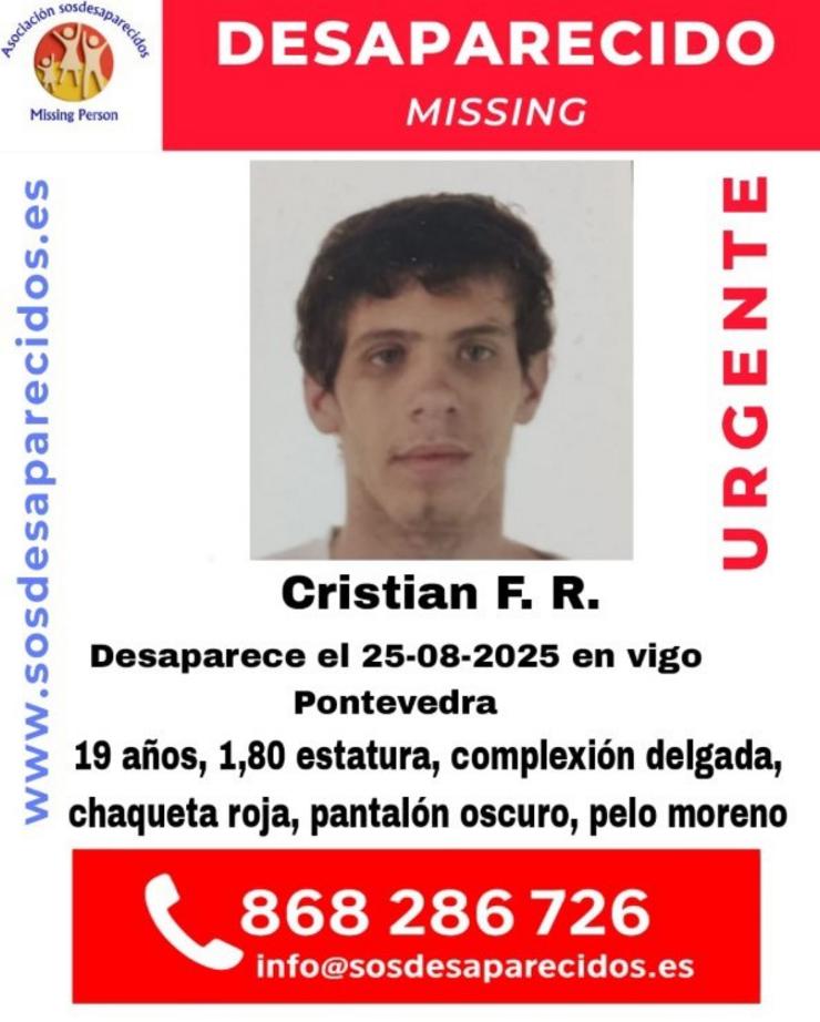 Buscan a un mozo de 19 anos de idade desaparecido en Vigo. SOS DESAPARECIDOS / Europa Press