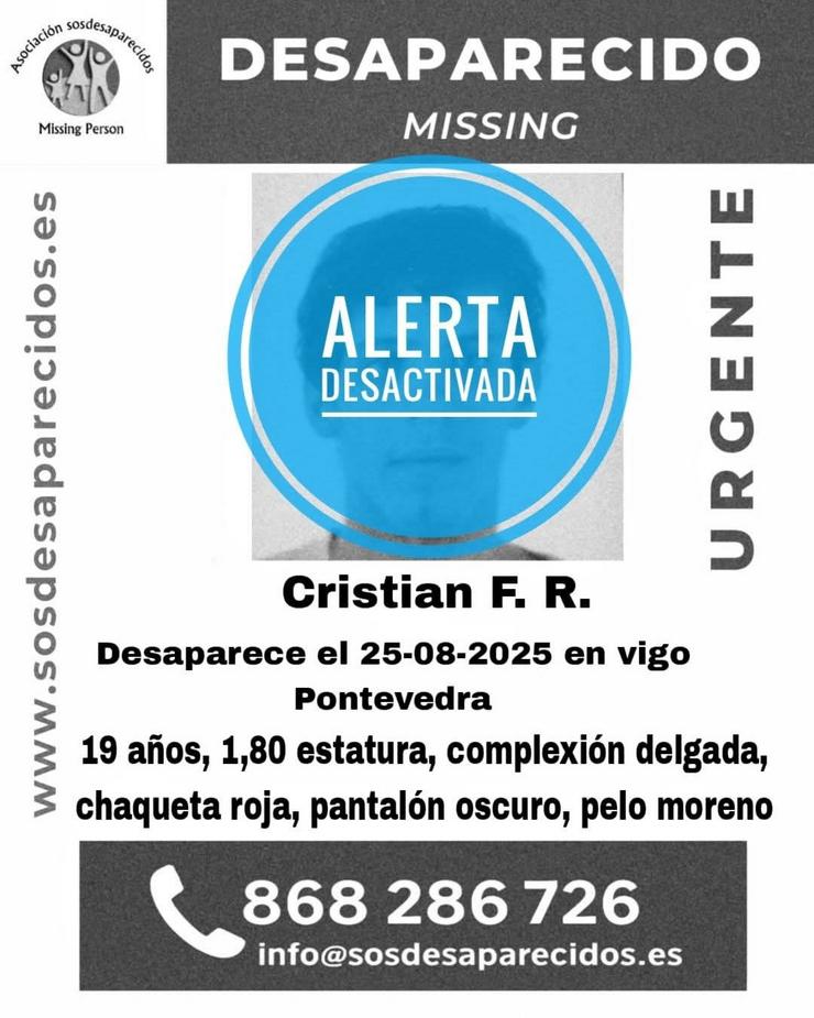 Desactivada a alerta tras a localización do mozo de 19 anos desaparecido o 25 de agosto de 2025 en Vigo.. SOS DESAPARECIDOS / Europa Press