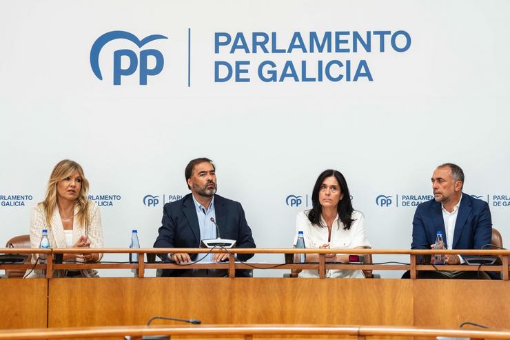 Os portavoces parlamentarios do PPdeG no Parlamento, Cristina Sanz, Alberto Pazos Couñago, Paula Prado e Julio García Comesaña, en rolda de prensa na Cámara galega. PPDEG 