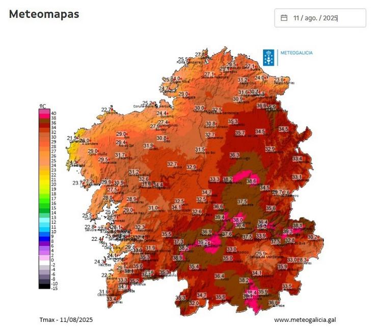 Mapa de temperaturas de Meteogalicia a 11 de agosto de 2025. METEOGALICIA 