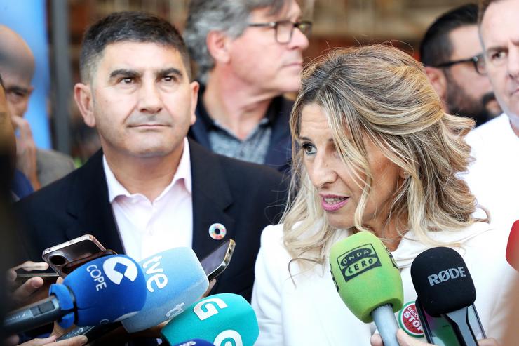 A vicepresidenta segunda do Goberno e ministra de Traballo e Economía Social, Yolanda Díaz, ofrece declaracións á prensa tras visitar as instalacións de Navantia en Ferrolterra, a 25 de setembro de 2025, en Ferrol, A Coruña, Galicia (España). Eu. Raúl Lomba - Europa Press 