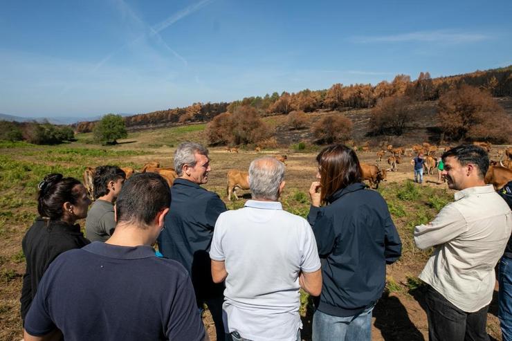 O presidente da Xunta, Alfonso Rueda, visita unha explotación gandeira en Quiroga afectada polos incendios, a 5 de setembro de 2025 